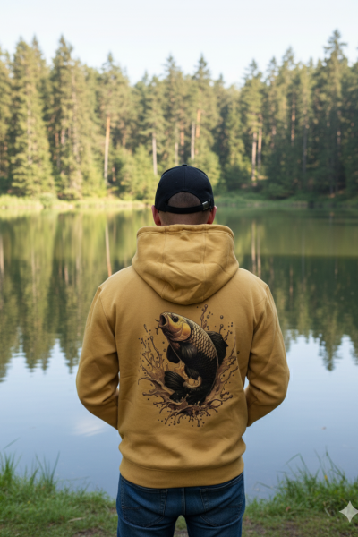 Men's heavyweight 450gsm carp fishing hoodie in black with zipped kangaroo pocket and bank to pub style